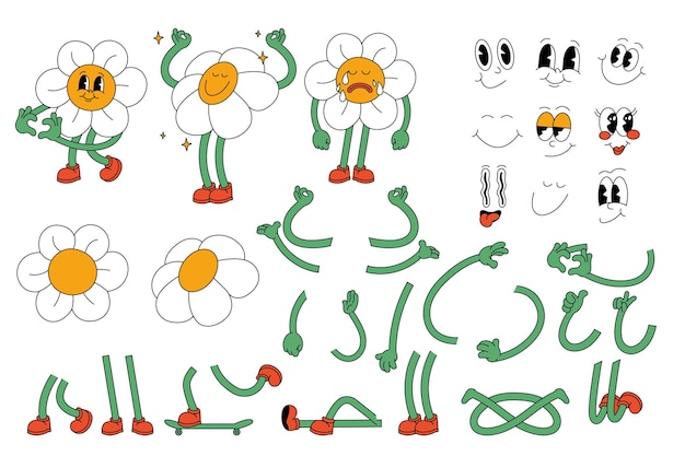 그루비 코 얼굴의 터 세트 터 만화 데이지 꽃 컬렉션 캐릭터 얼굴 다리 손 다른 감정 행복 화 슬픈 기쁜 히피 캐릭터