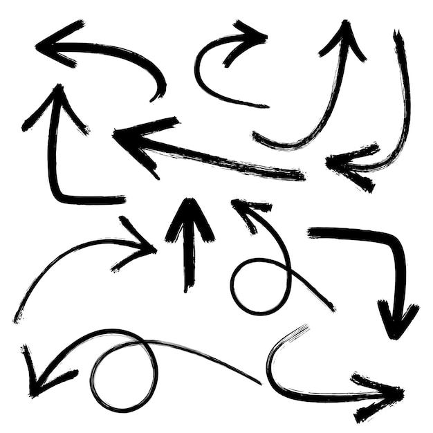 Векторный набор нарисованных вручную стрелок гранж кисти на белом фоне