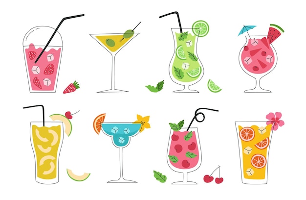 Векторный набор нарисованных вручную красочных коктейлей концепция летних каникул и пляжных вечеринок популярные напитки