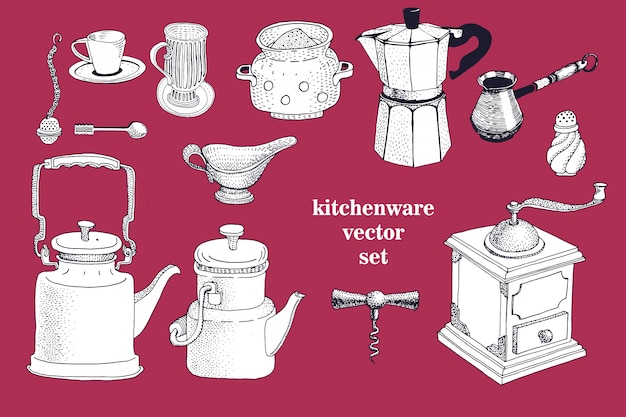Векторный набор рисованной посуды. винтажная иллюстрация