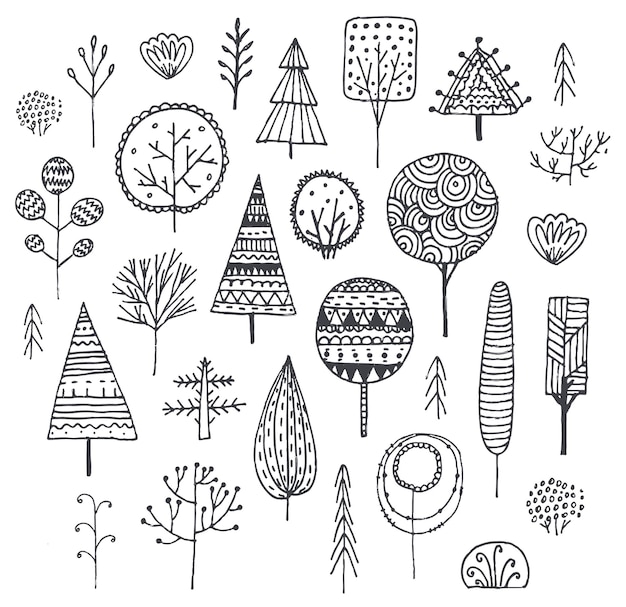 手描きの木、茂み、パターンで飾られた植物のベクトルセット。落書きセット