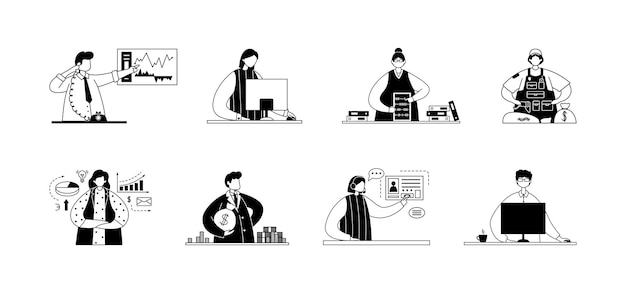 Вектор Векторный набор иллюстраций профессиональных сотрудников финансового сектора line art