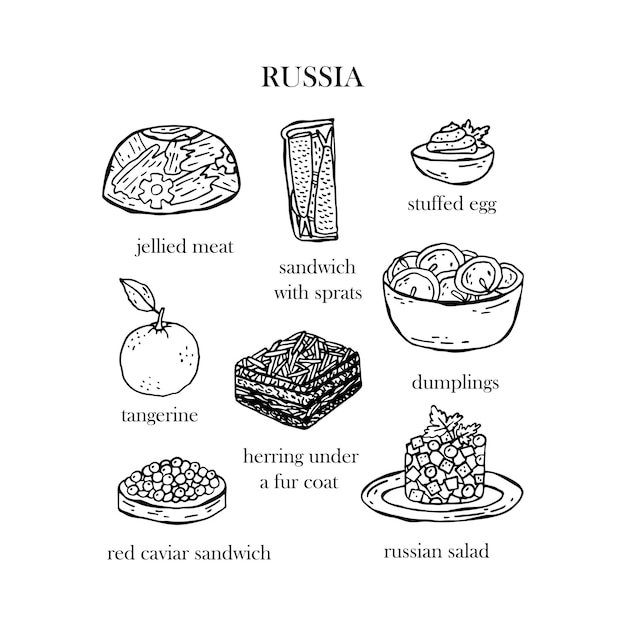 ベクトル ロシアのクリスマス料理正月ロシアの伝統的な料理のイラストのベクトルを設定