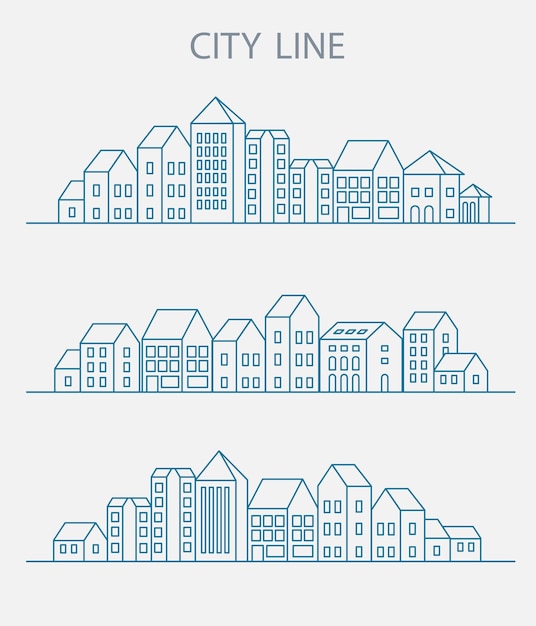 線形の都市の建物と家や建築標識のイラストのベクトルセット。直線的なファッショングラフィックを使用した都市をテーマにしたウェブサイトのデザイン、名刺、招待状、チラシ。