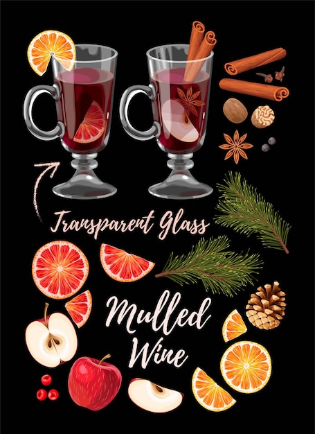 벡터 mulled 와인과 그 재료의 벡터 세트