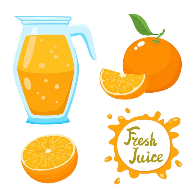 ベクトル 瓶とオレンジの自然な新鮮なオレンジジュースのベクトルセットは、漫画風の白で隔離。健康的な有機柑橘系飲料。