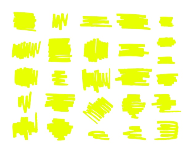 ベクトル 白い背景で隔離のネオン黄色蛍光ペンブラシラインのベクトルセット