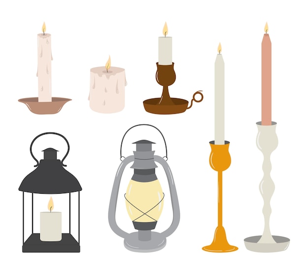 Векторный набор старых старинных свечей и фонарей