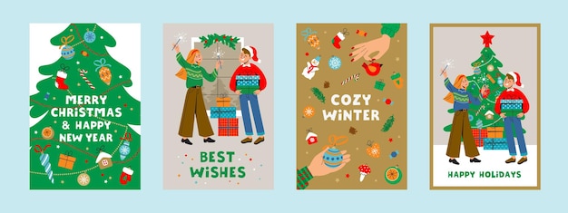 Вектор Векторный набор открыток с людьми, празднующими зимние праздники