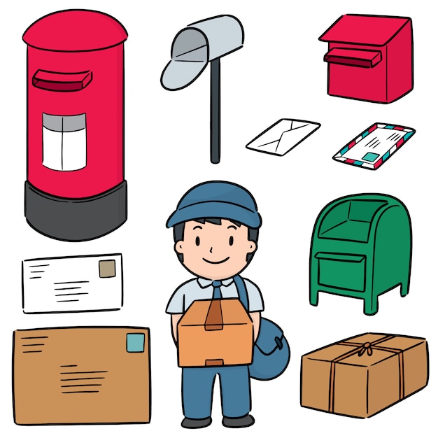 Векторный набор почтальона и почтового ящика