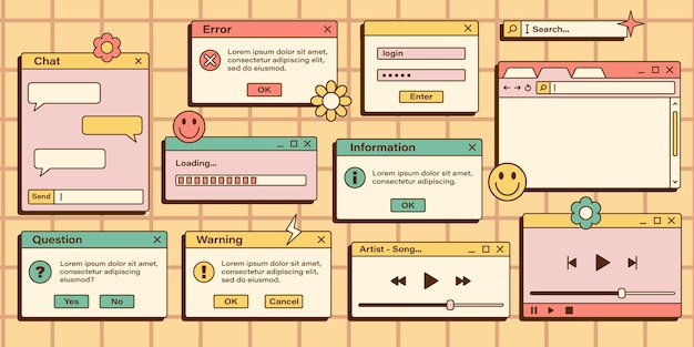 Векторный набор ретро-пароволнового компьютерного интерфейса винтажные шаблоны браузера и диалогового окна векторная иллюстрация ностальгического пользовательского интерфейса и пользовательского интерфейса