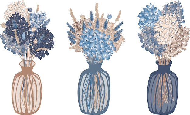 Вектор Векторный набор из трех ваз с цветами и сухоцветами в стиле бохо в голубых и бежевых тонах