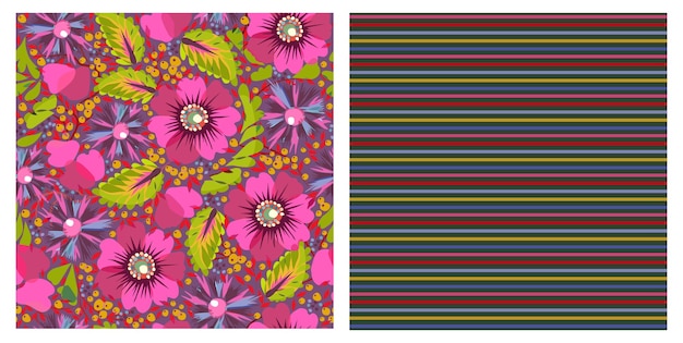 花柄と縞模様の 2 つのカラフルなシームレス パターンのベクトルを設定します。