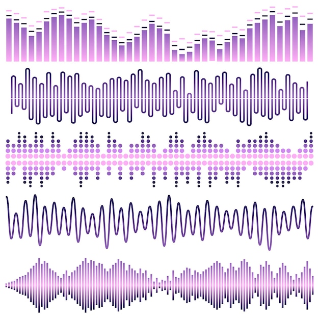 紫の音波のベクトルセット。オーディオイコライザー。白い背景で隔離の音波とオーディオ波。