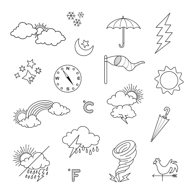 Векторный набор элементов погодных каракулей для целей дизайна