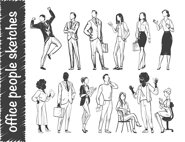 Vector set of office people workers standing isolated on white background hand drawn sketch style