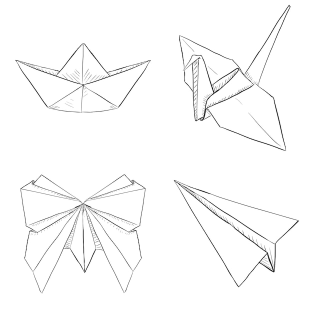 Vector Set of Origami Objects Plane Boat Butterfly Crane