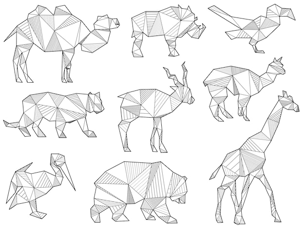 Векторный набор силуэтов диких животных оригами
