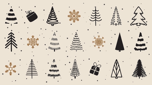 Vector set of ornate trendy christmas trees, hand drawn elements for social media and web design.