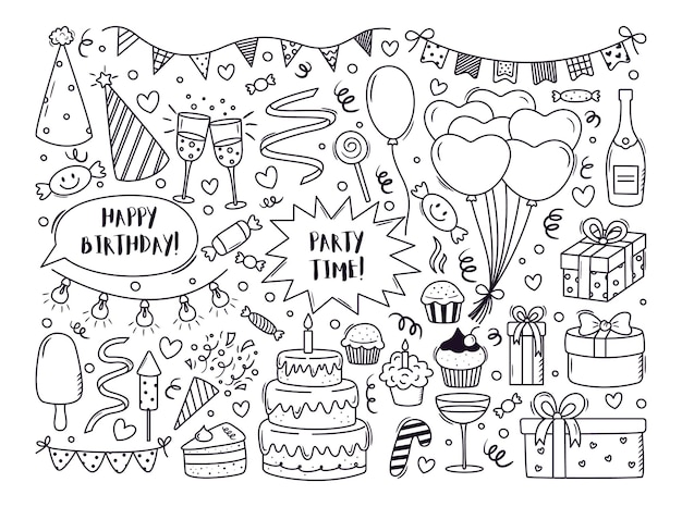 Vector set of outline party doodles Hand drawn birthday anniversary carnival festival decor