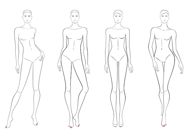 Vector vector set of outline women body figures in various poses template in black color isolated