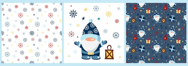 Vector set patronen en een poster met een kerstkabouter op een witte achtergrond patronen met sneeuw