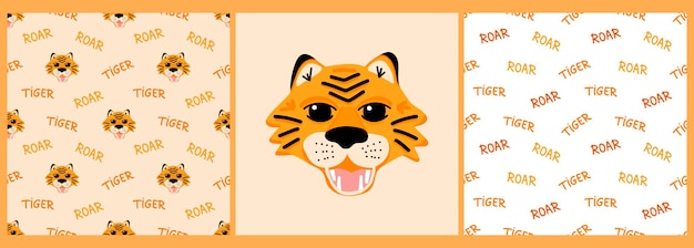 Vector vector set of patterns and poster with a tiger and the inscription tiger and roar in cartoon style