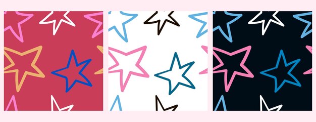 Vector set patterns with large multicolored stars in handmade style on a colored background