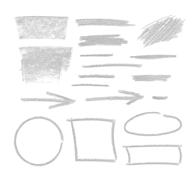 Insieme di vettore di elementi disegnati a mano a matita isolati su sfondo bianco disegni strutturati frecce di cornici quadrate e circolari