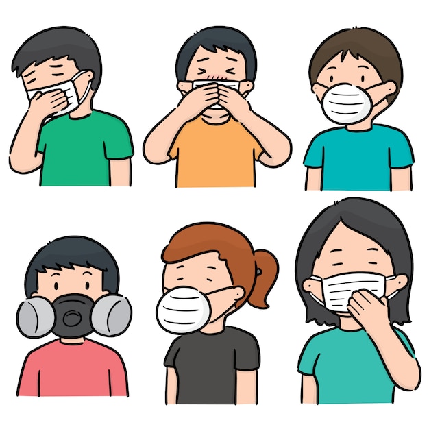 의료 보호 마스크를 사용하는 사람들의 벡터 세트