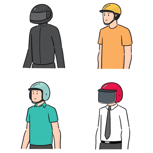 헬멧을 착용하는 사람들의 벡터 세트