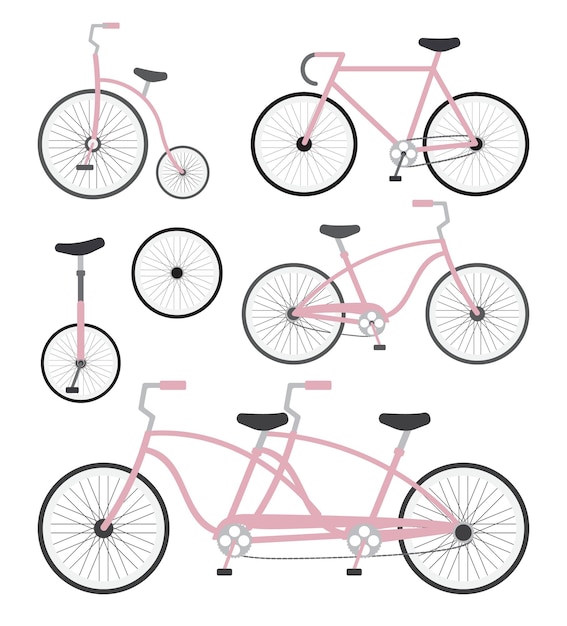 Vector set of pink flat cartoon bicycle