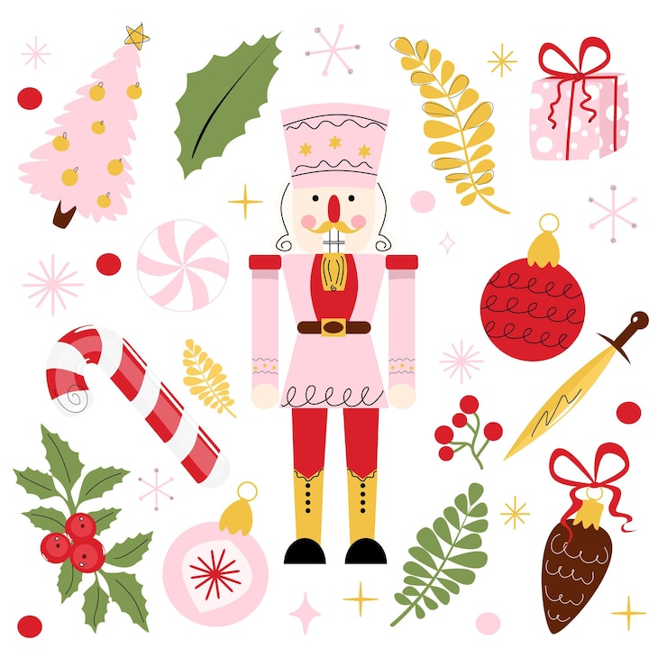 Vector vector set of pink nutcrackers with twigs and christmas balls