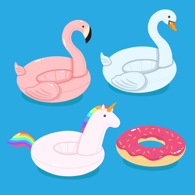 Vector set di piscina galleggia fenicottero, unicorno, cigno e ciambella.