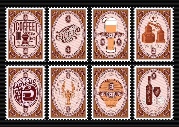 Vector set of postage stamps Template with various drinks