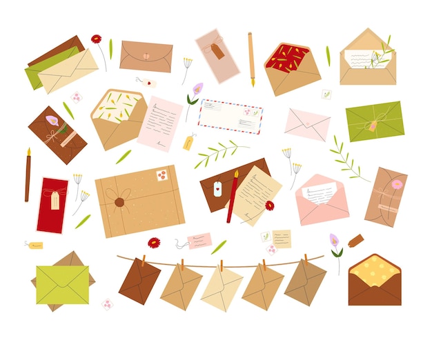 郵便封筒のベクトルセット。さまざまな封筒、手紙、はがき、切手、タグ、クラフト紙。