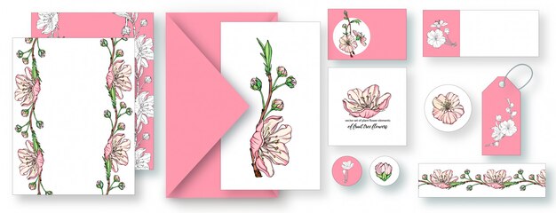 Vector set of postcards with floral print. 