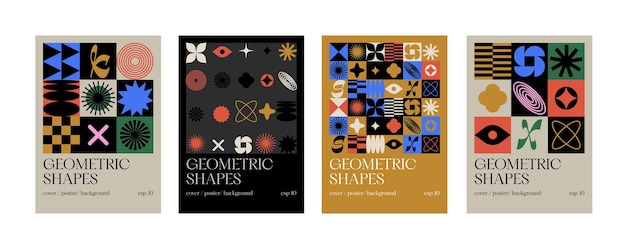 Vector set posters or prints with geometric shapes Brutalist design