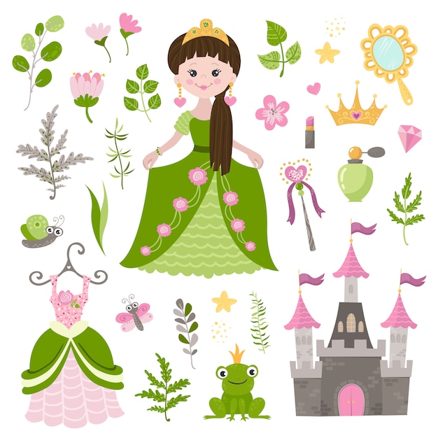 Vector set prachtige prinses, kasteel en accessoires