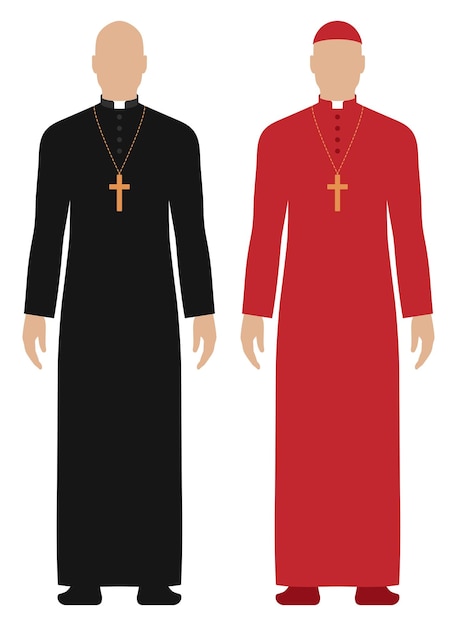 白い背景に隔離された黒と赤のカソックを着た司祭のベクトルセット