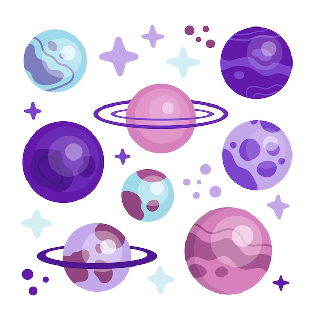 Vector set of purple planets and stars