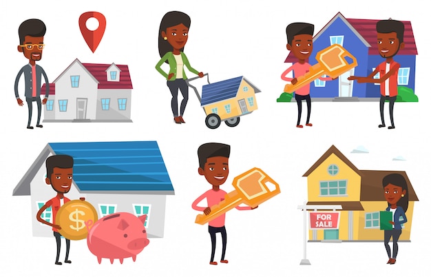 Vector set of real estate agents and house owners.