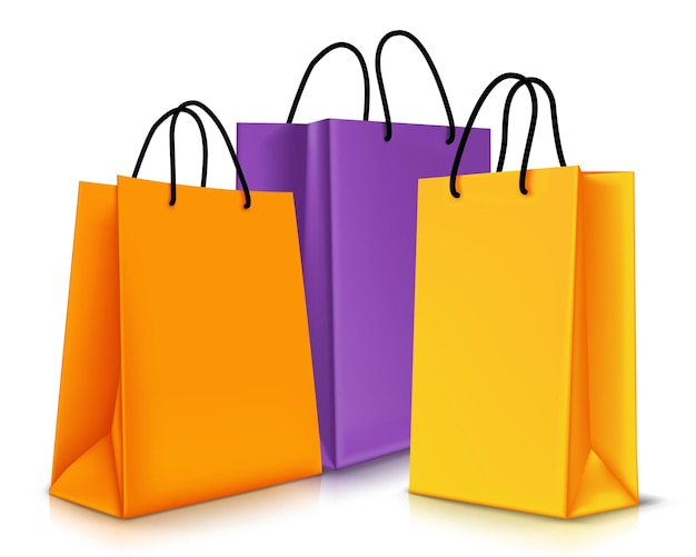 Vector Set of Realistic Colorful Empty Shopping Bags for Promotion Isolated in White Background.