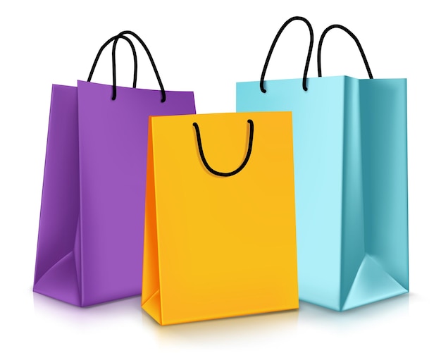 Vector Set of Realistic Colorful Empty Shopping Bags for Promotion Isolated in White Background.