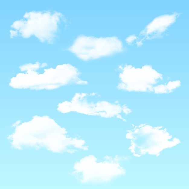 Vector vector set of realistic isolated cloud on the blue background.