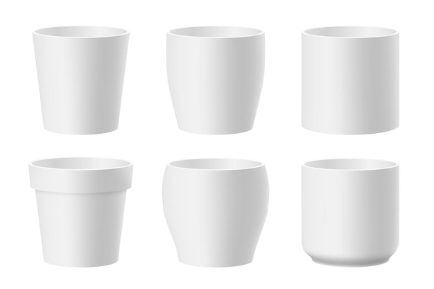 Vector set of realistic white flower pots isolated on white background Pots of different shapes 3D illustration