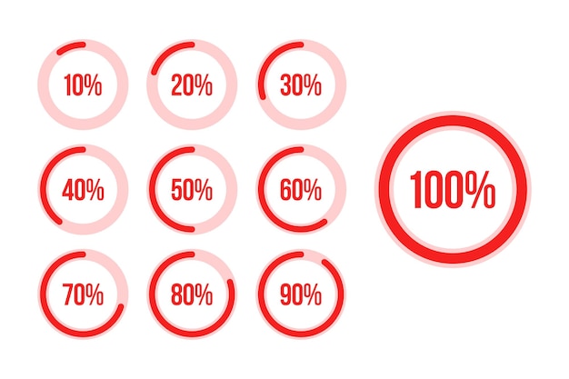 Vector set of red percentage infographic circles from 10 to 100.