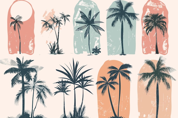 Vector vector set of retro 80s sunset with pal trees silhouettestropic summer sundown