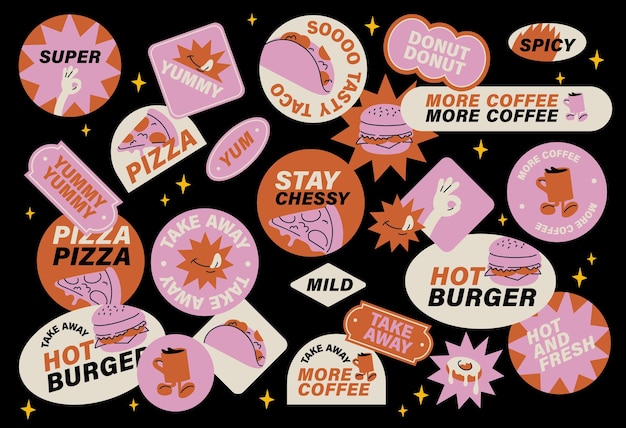 Vector vector set of retro fast food stickers colorful patch badges for junk food cafe