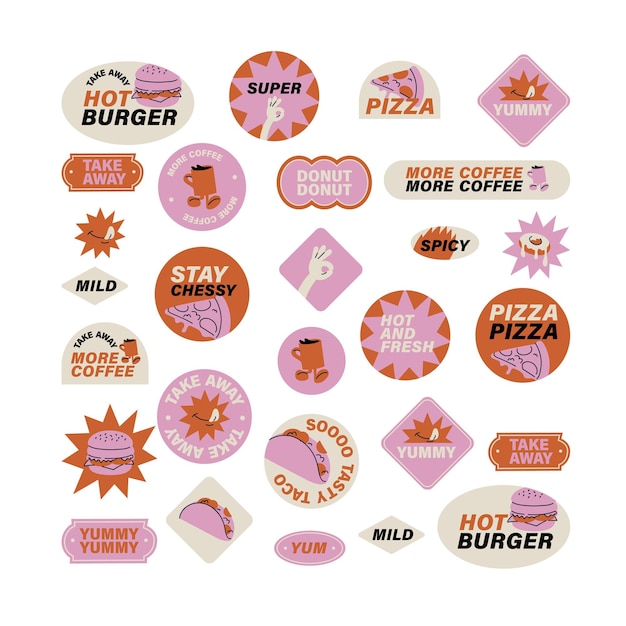 Vector vector set retro fastfood stickers kleurrijke patch badges voor junk food cafe